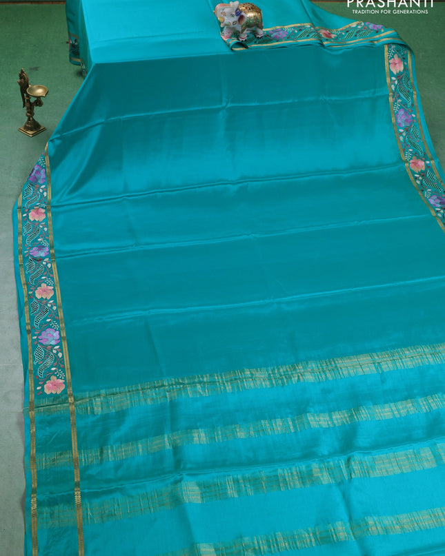 Pure mysore silk saree teal blue with plain body and cut work embroidery border