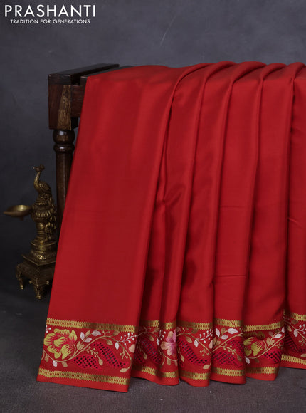 Pure mysore silk saree orange with plain body and cut work embroidery border