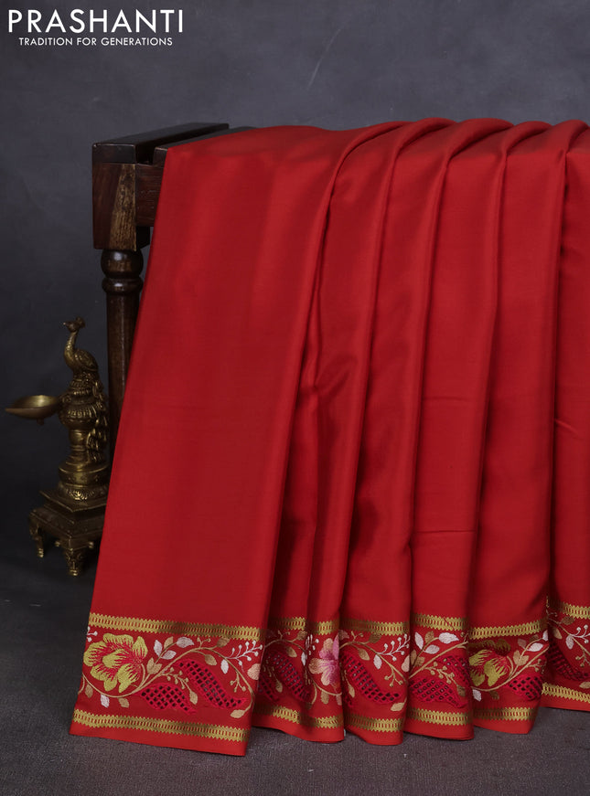 Pure mysore silk saree orange with plain body and cut work embroidery border