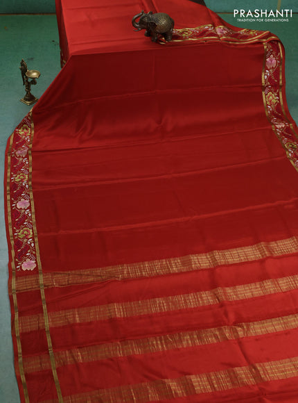 Pure mysore silk saree orange with plain body and cut work embroidery border