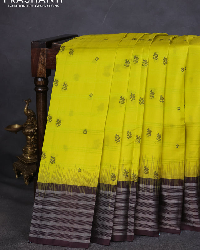 Pure Soft silk saree lime yellow and coffee brown with thread woven buttas and silver zari woven border