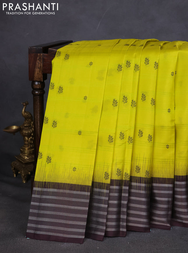 Pure Soft silk saree lime yellow and coffee brown with thread woven buttas and silver zari woven border