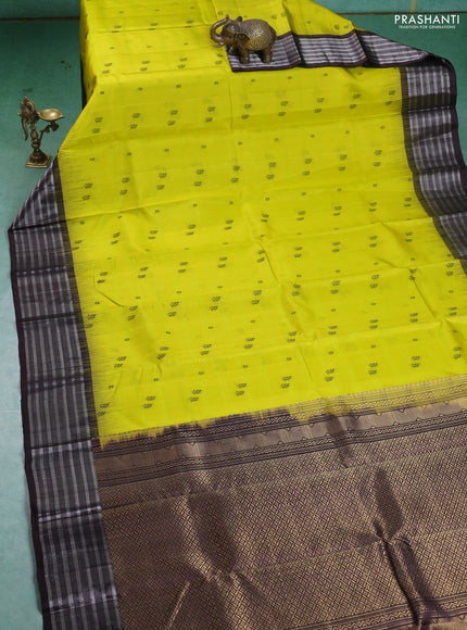 Pure Soft silk saree lime yellow and coffee brown with thread woven buttas and silver zari woven border