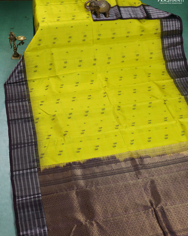 Pure Soft silk saree lime yellow and coffee brown with thread woven buttas and silver zari woven border