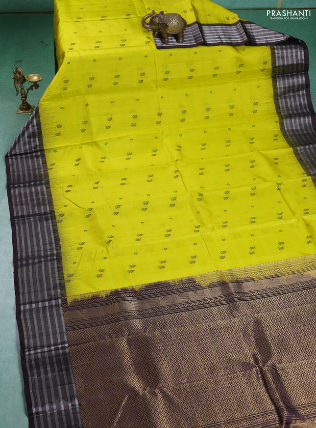 Pure Soft silk saree lime yellow and coffee brown with thread woven buttas and silver zari woven border