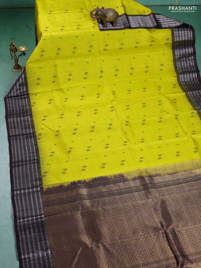 Pure Soft silk saree lime yellow and coffee brown with thread woven buttas and silver zari woven border