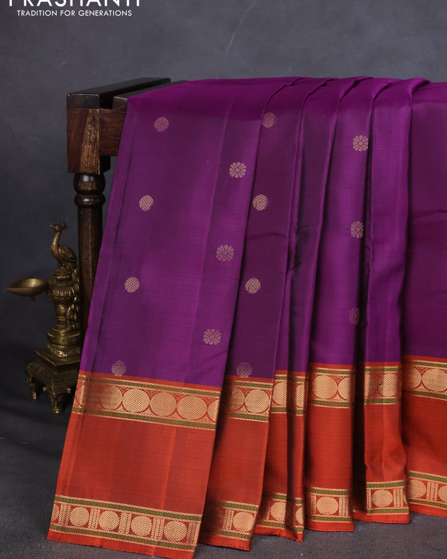 Pure Soft silk saree purple and rustic orange with zari woven buttas and rettapet zari woven border