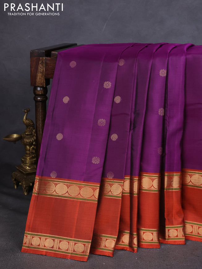 Pure Soft silk saree purple and rustic orange with zari woven buttas and rettapet zari woven border