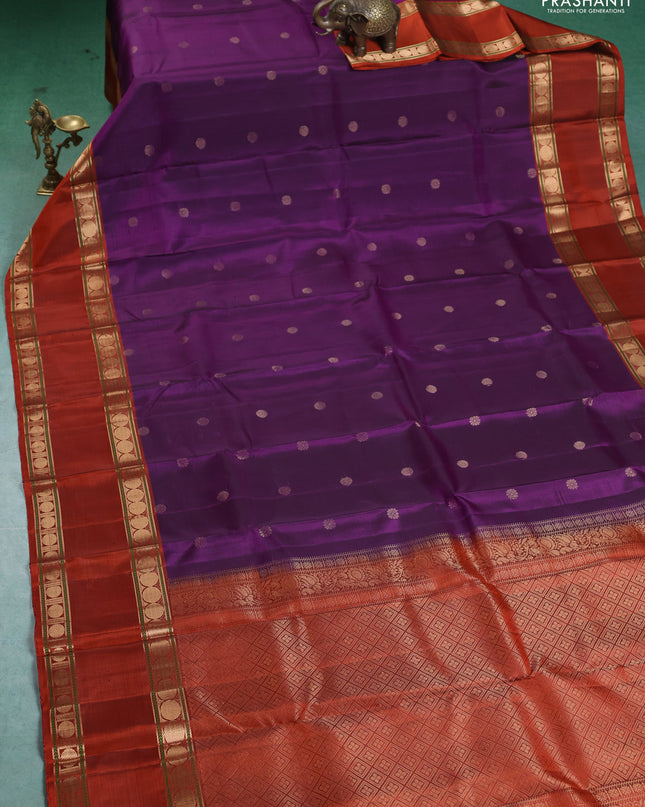 Pure Soft silk saree purple and rustic orange with zari woven buttas and rettapet zari woven border