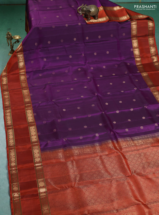 Pure Soft silk saree purple and rustic orange with zari woven buttas and rettapet zari woven border