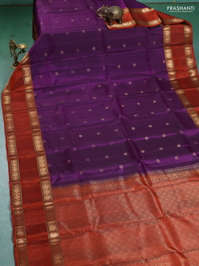 Pure Soft silk saree purple and rustic orange with zari woven buttas and rettapet zari woven border