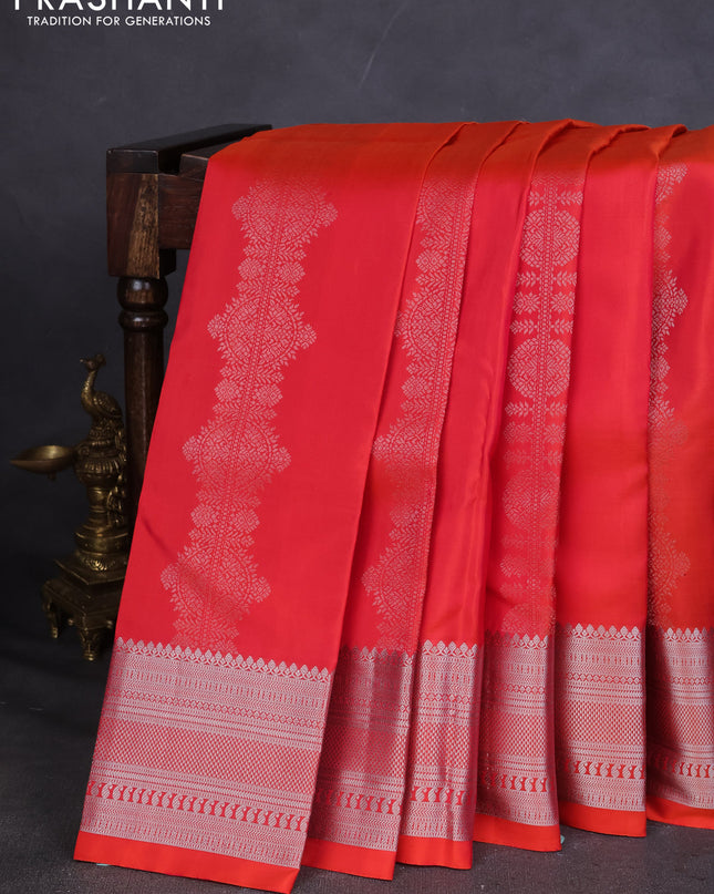 Pure Soft silk saree dual shade of orange with silver zari woven buttas and silver zari woven border