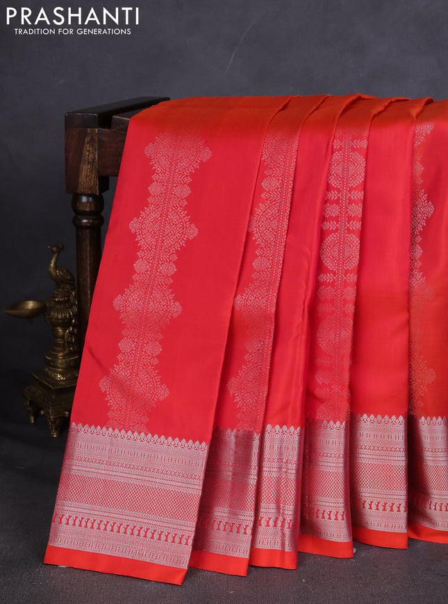 Pure Soft silk saree dual shade of orange with silver zari woven buttas and silver zari woven border