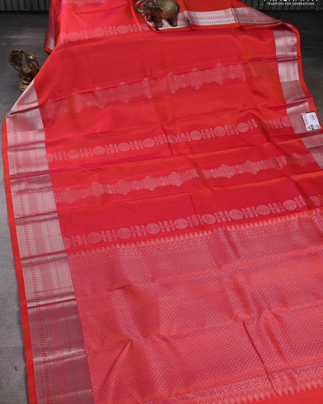 Pure Soft silk saree dual shade of orange with silver zari woven buttas and silver zari woven border
