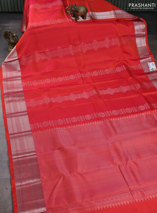 Pure Soft silk saree dual shade of orange with silver zari woven buttas and silver zari woven border