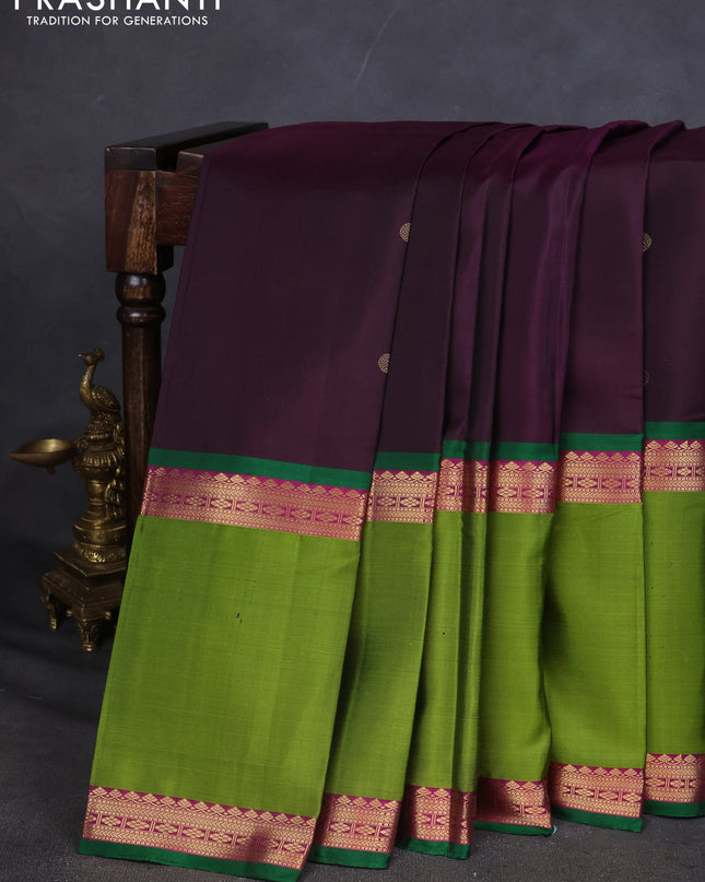 Pure Soft silk saree deep wine and light green with annam zari woven buttas and rettapet zari woven border
