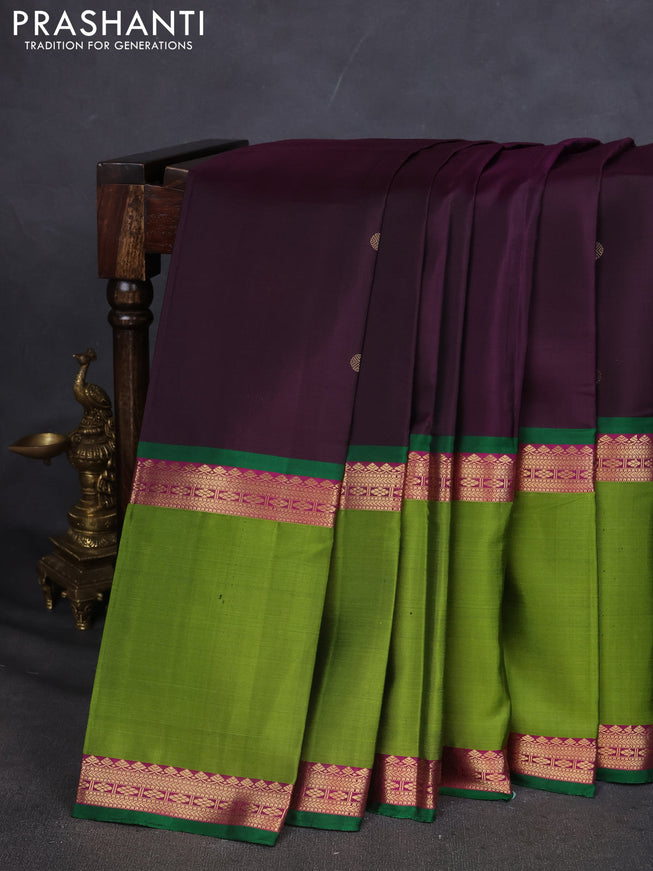 Pure Soft silk saree deep wine and light green with annam zari woven buttas and rettapet zari woven border