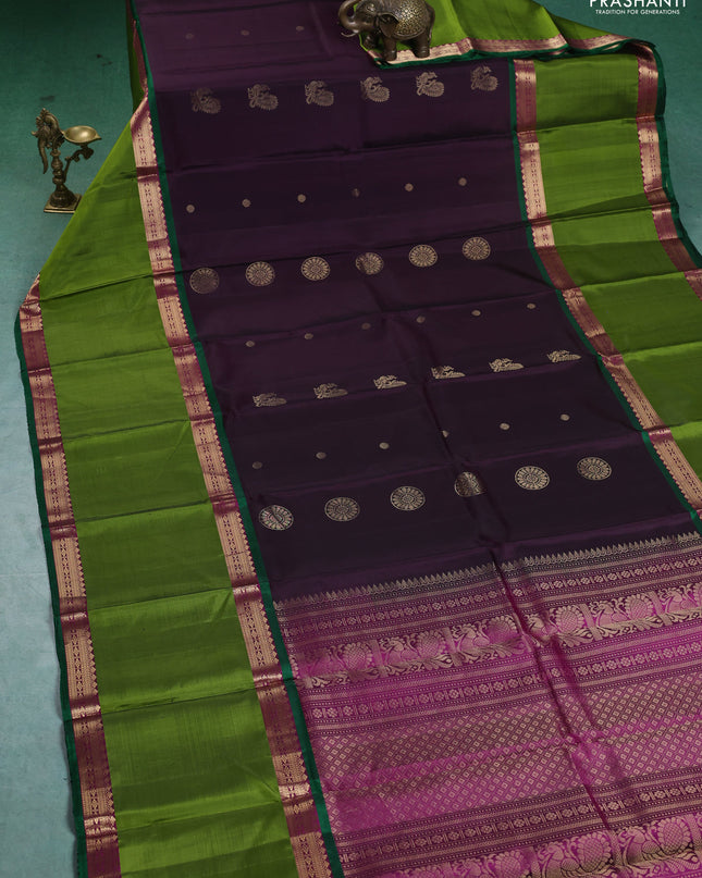 Pure Soft silk saree deep wine and light green with annam zari woven buttas and rettapet zari woven border