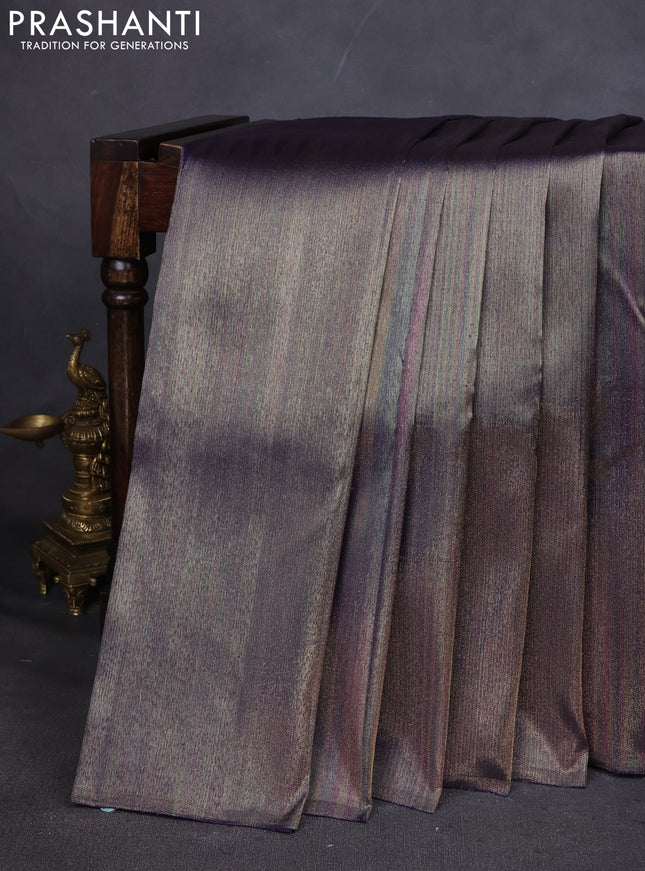 Pure kanchipuram silk saree grey and blue with zari woven brocade weaves and rising border