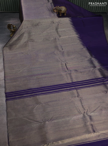 Pure kanchipuram silk saree grey and blue with zari woven brocade weaves and rising border