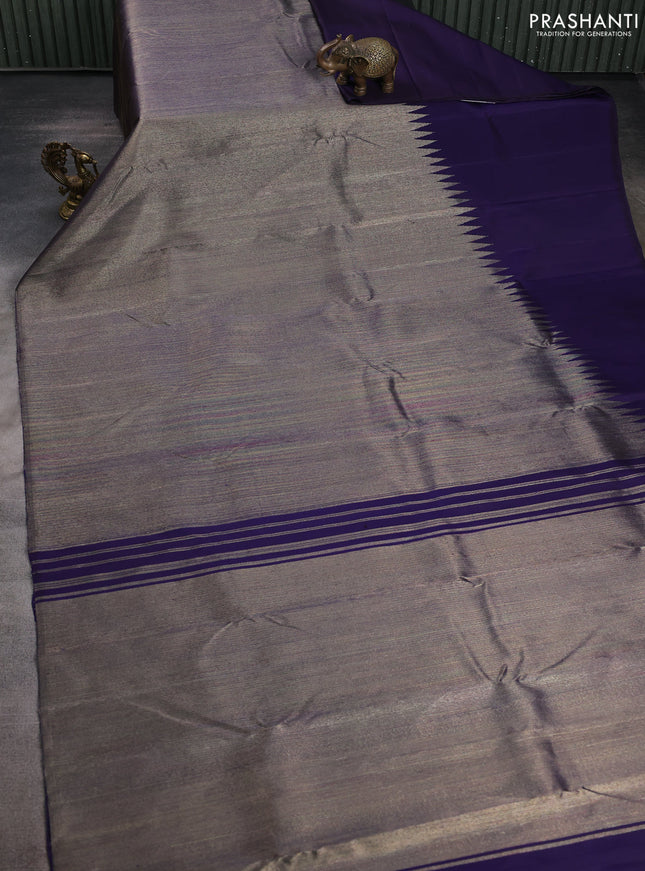Pure kanchipuram silk saree grey and blue with zari woven brocade weaves and rising border