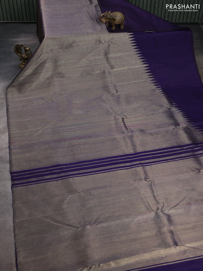 Pure kanchipuram silk saree grey and blue with zari woven brocade weaves and rising border