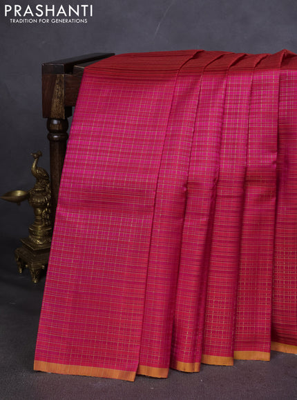 Pure kanchipuram silk saree pink and mustard yellow with allover zari checked pattern and piping border