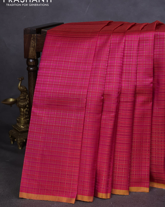 Pure kanchipuram silk saree pink and mustard yellow with allover zari checked pattern and piping border