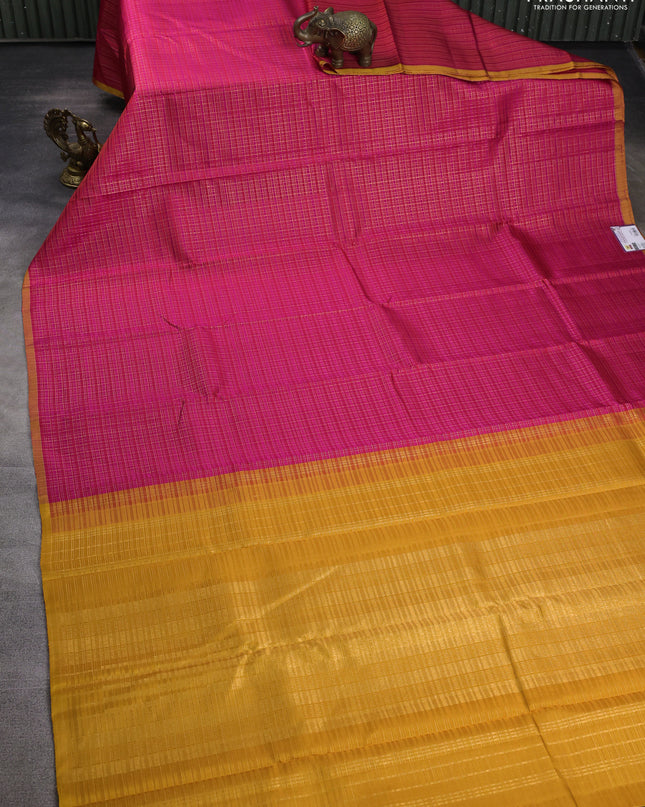 Pure kanchipuram silk saree pink and mustard yellow with allover zari checked pattern and piping border