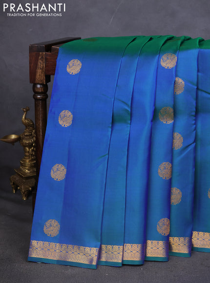 Pure kanchipuram silk saree dual shade of peacock blue with zari woven buttas and zari woven border