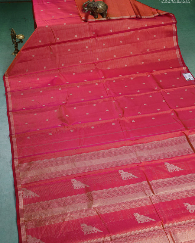 Pure kanchipuram silk saree dual shade of pink with allover zari weaves & buttas and zari woven border