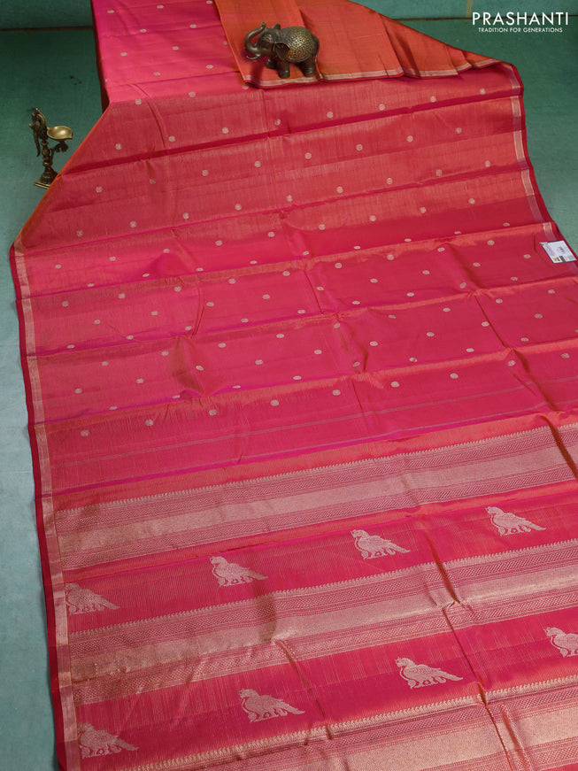 Pure kanchipuram silk saree dual shade of pink with allover zari weaves & buttas and zari woven border