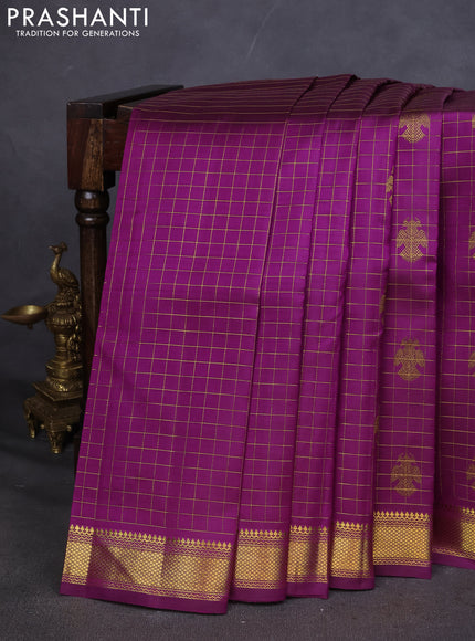 Pure kanchipuram silk saree purple with allover zari checks & buttas and zari woven border