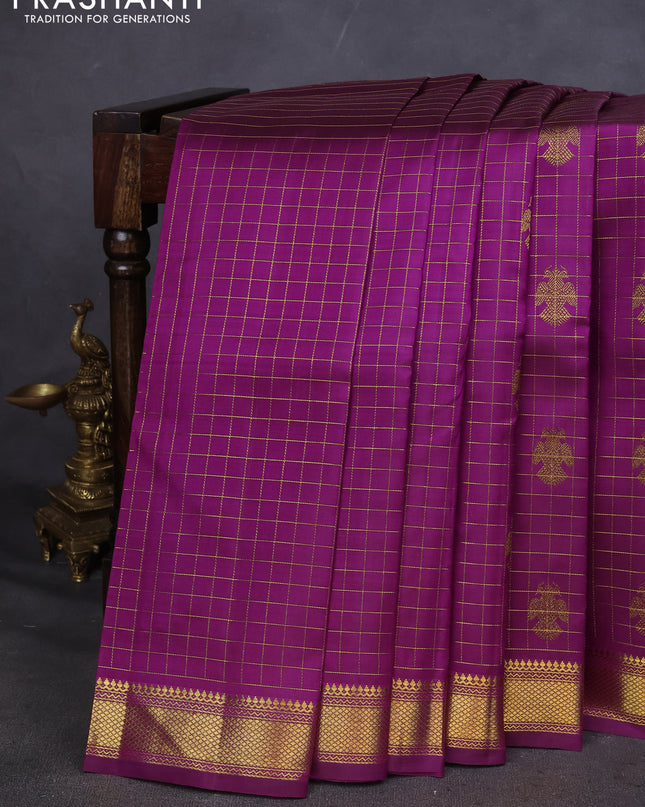 Pure kanchipuram silk saree purple with allover zari checks & buttas and zari woven border