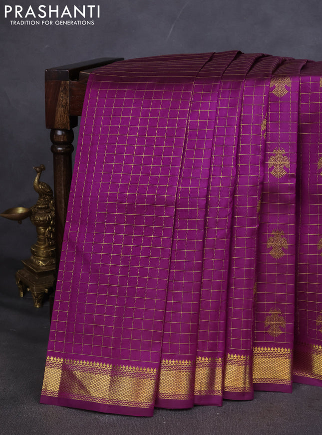 Pure kanchipuram silk saree purple with allover zari checks & buttas and zari woven border