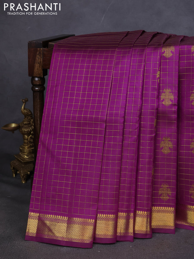 Pure kanchipuram silk saree purple with allover zari checks & buttas and zari woven border