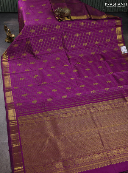 Pure kanchipuram silk saree purple with allover zari checks & buttas and zari woven border