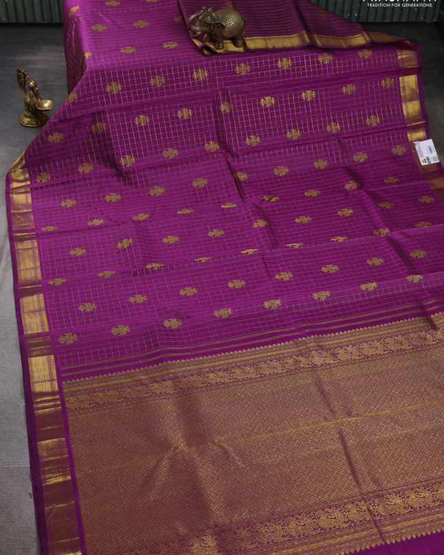 Pure kanchipuram silk saree purple with allover zari checks & buttas and zari woven border