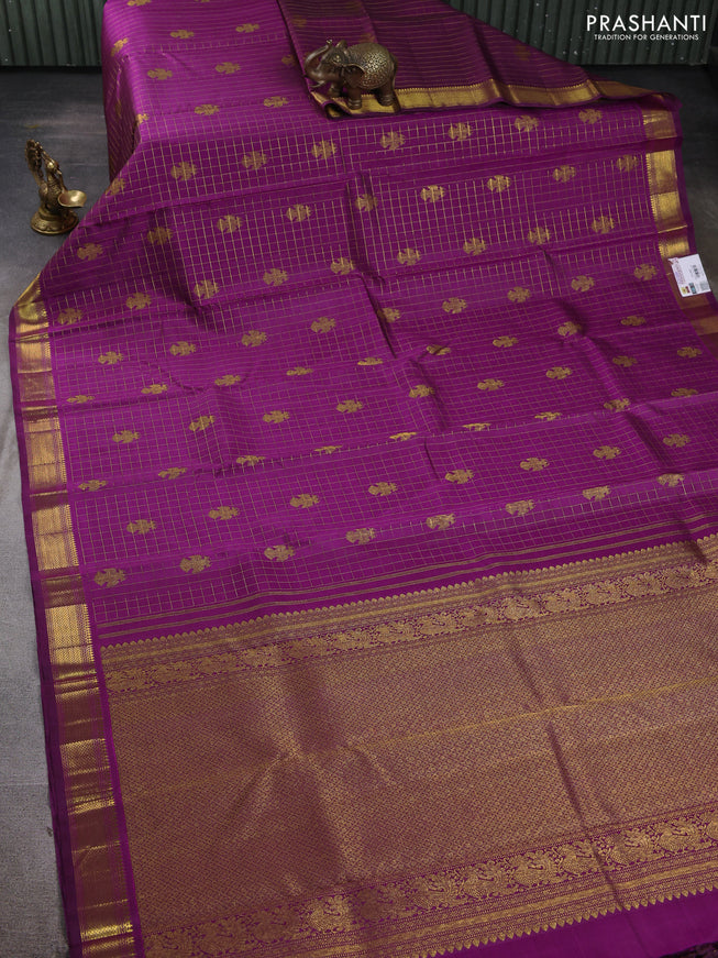 Pure kanchipuram silk saree purple with allover zari checks & buttas and zari woven border