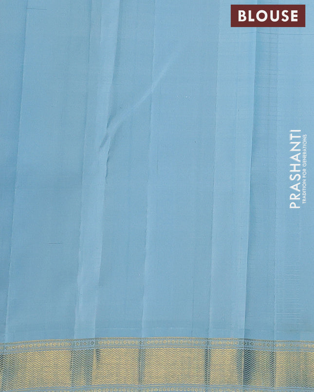 Pure kanchipuram silk saree off white and pastel blue with allover stripes pattern and zari woven korvai border