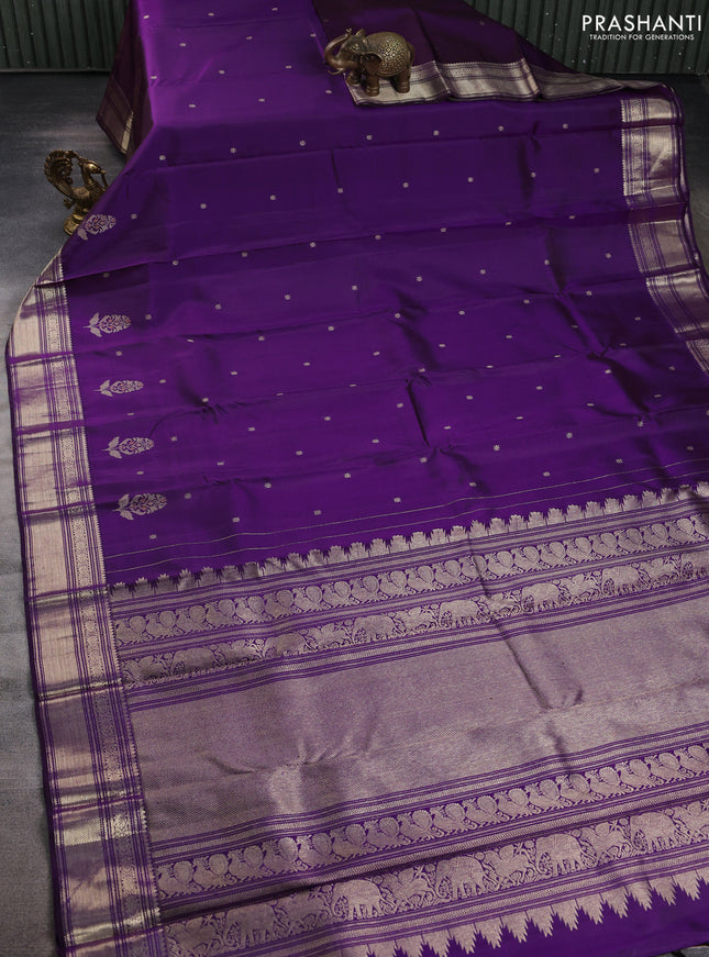 Pure kanchipuram silk saree violet with zari woven buttas and silver zari woven border