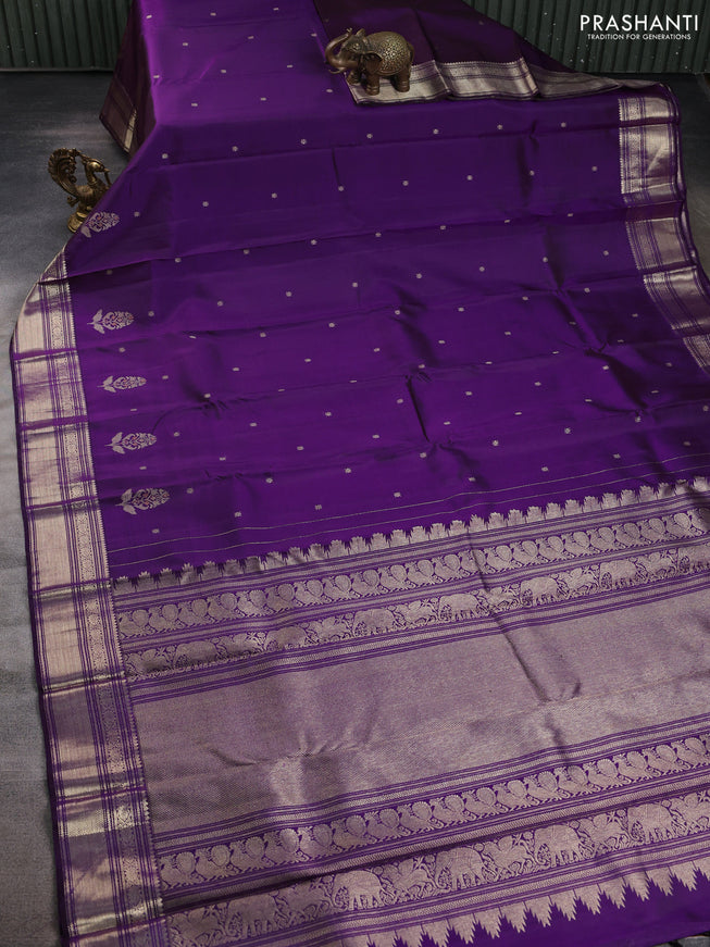 Pure kanchipuram silk saree violet with zari woven buttas and silver zari woven border