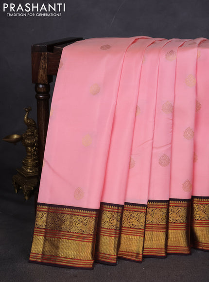 Pure kanchipuram silk saree light pink and deep wine with zari woven buttas and zari woven korvai border