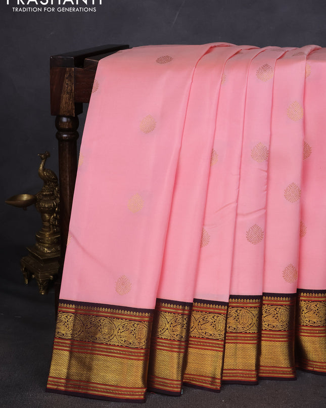 Pure kanchipuram silk saree light pink and deep wine with zari woven buttas and zari woven korvai border