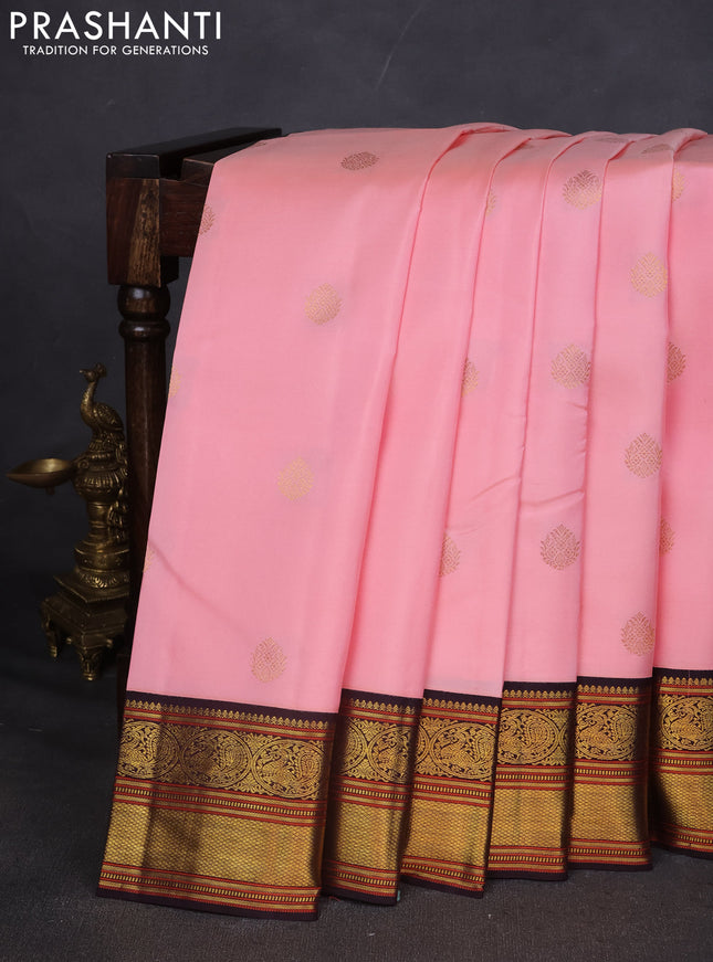 Pure kanchipuram silk saree light pink and deep wine with zari woven buttas and zari woven korvai border