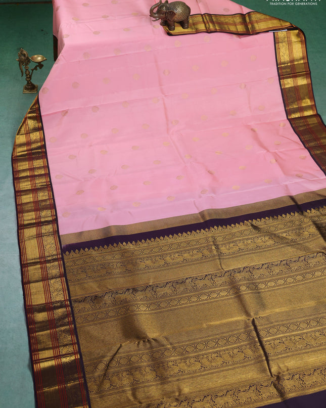 Pure kanchipuram silk saree light pink and deep wine with zari woven buttas and zari woven korvai border