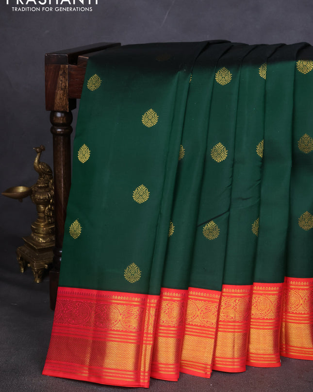 Pure kanchipuram silk saree green and orange with zari woven buttas and zari woven korvai border