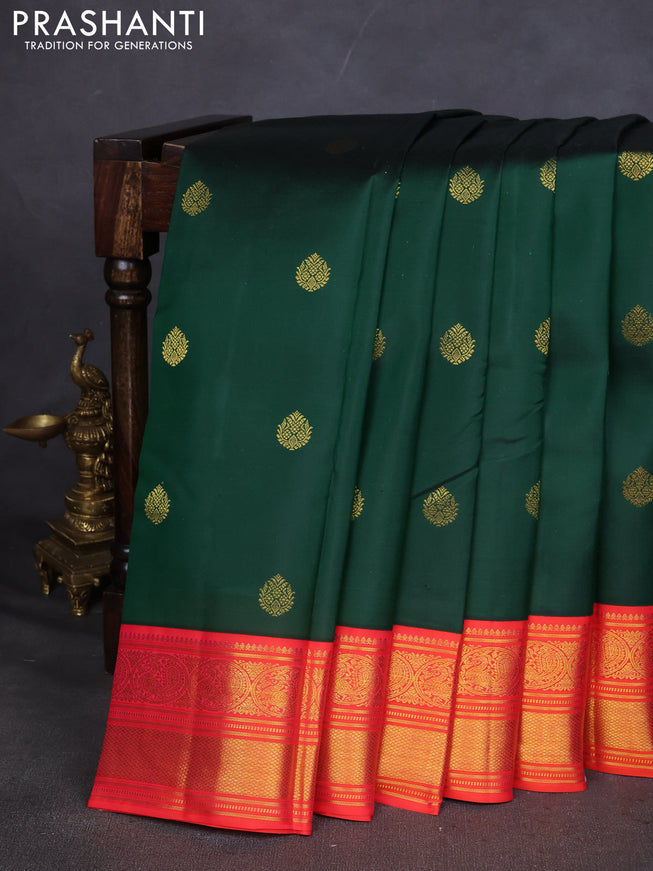 Pure kanchipuram silk saree green and orange with zari woven buttas and zari woven korvai border