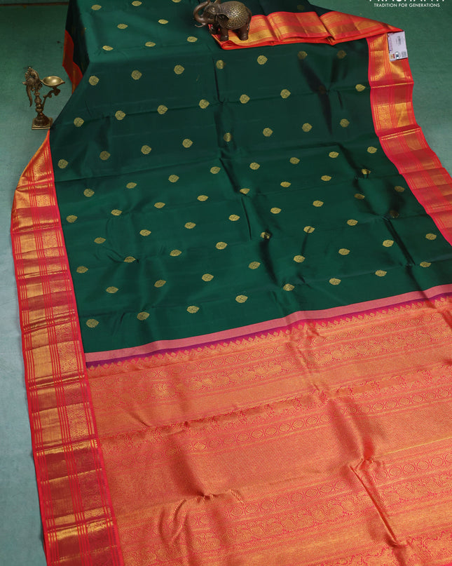 Pure kanchipuram silk saree green and orange with zari woven buttas and zari woven korvai border