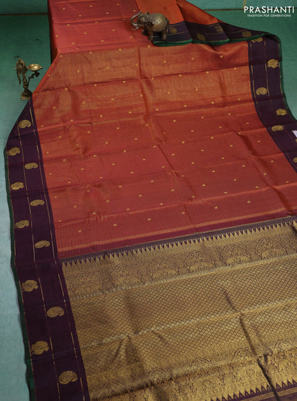 Pure kanchipuram silk saree rustic orange and deep wine with allover small zari checked pattern and annam zari woven butta border